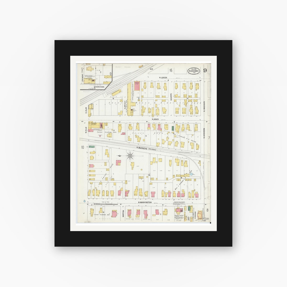 Old map wall art mockup — black gallery frame with white mat — Sanborn Fire Insurance Map from Kokomo, Howard County, Indiana (1902), Sheet #0009