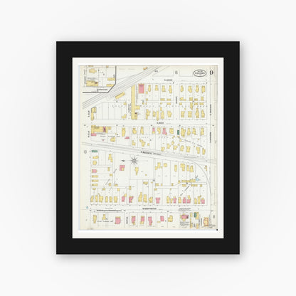Old map wall art mockup — black gallery frame with white mat — Sanborn Fire Insurance Map from Kokomo, Howard County, Indiana (1902), Sheet #0009