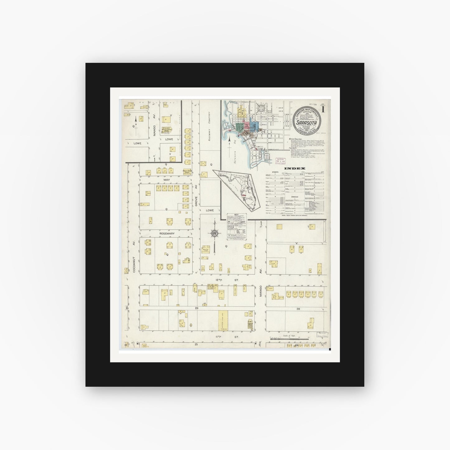 Old map wall art mockup — black gallery frame with white mat — Sanborn Fire Insurance Map from Sarasota, Sarasota County, Florida (1913), Sheet #0001
