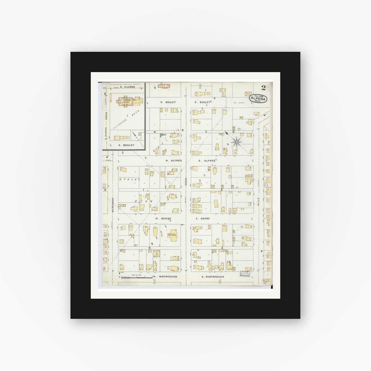 Old map wall art mockup — black gallery frame with white mat — Sanborn Fire Insurance Map from Alpena, Alpena County, Michigan (1895), Sheet #0002
