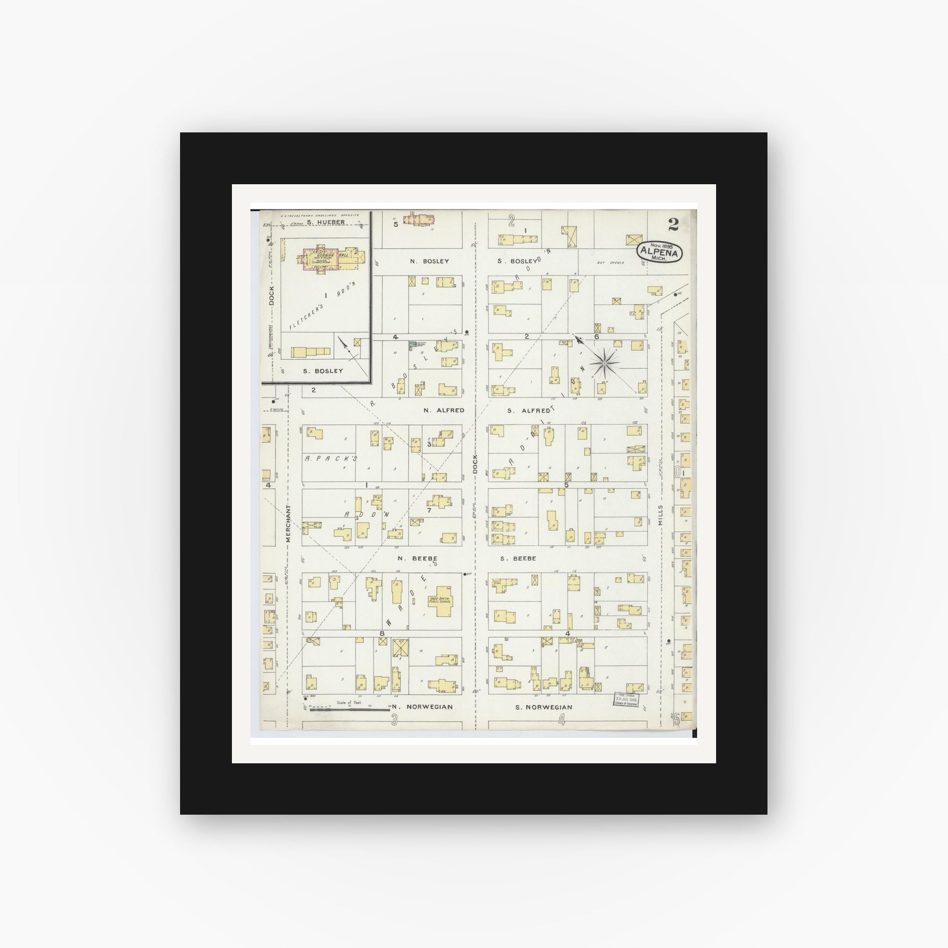 Old map wall art mockup — black gallery frame with white mat — Sanborn Fire Insurance Map from Alpena, Alpena County, Michigan (1895), Sheet #0002