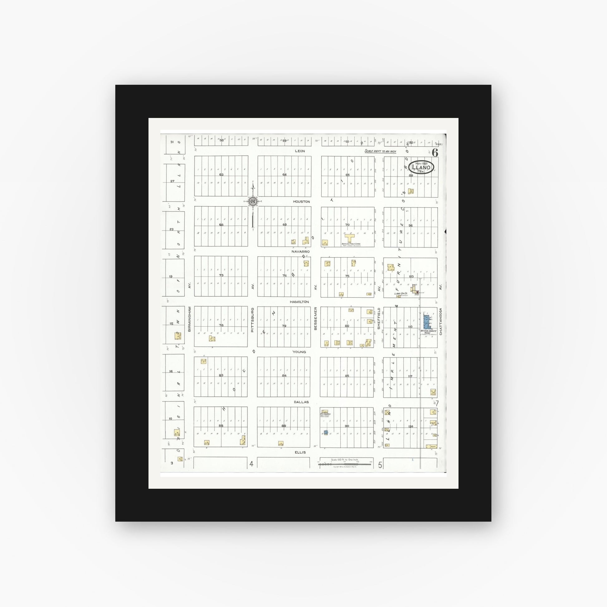 Old map wall art mockup — black gallery frame with white mat — Sanborn Fire Insurance Map from Llano, Llano County, Texas (1921), Sheet #0006