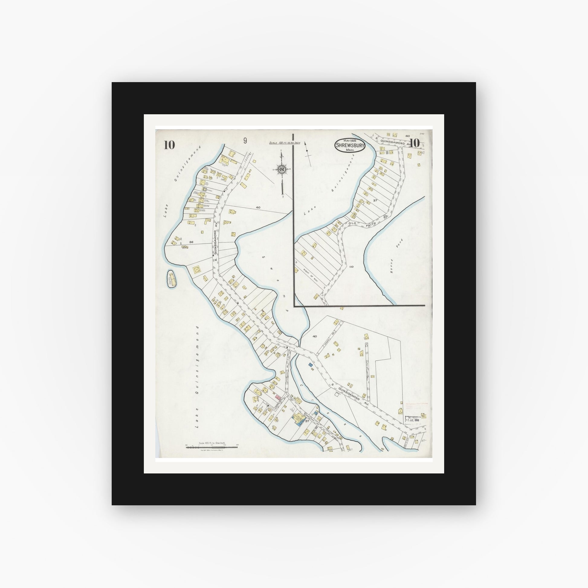 Old map wall art mockup — black gallery frame with white mat — Sanborn Fire Insurance Map from Shrewsbury, Worcester County, Massachusetts (1925), Sheet #0010