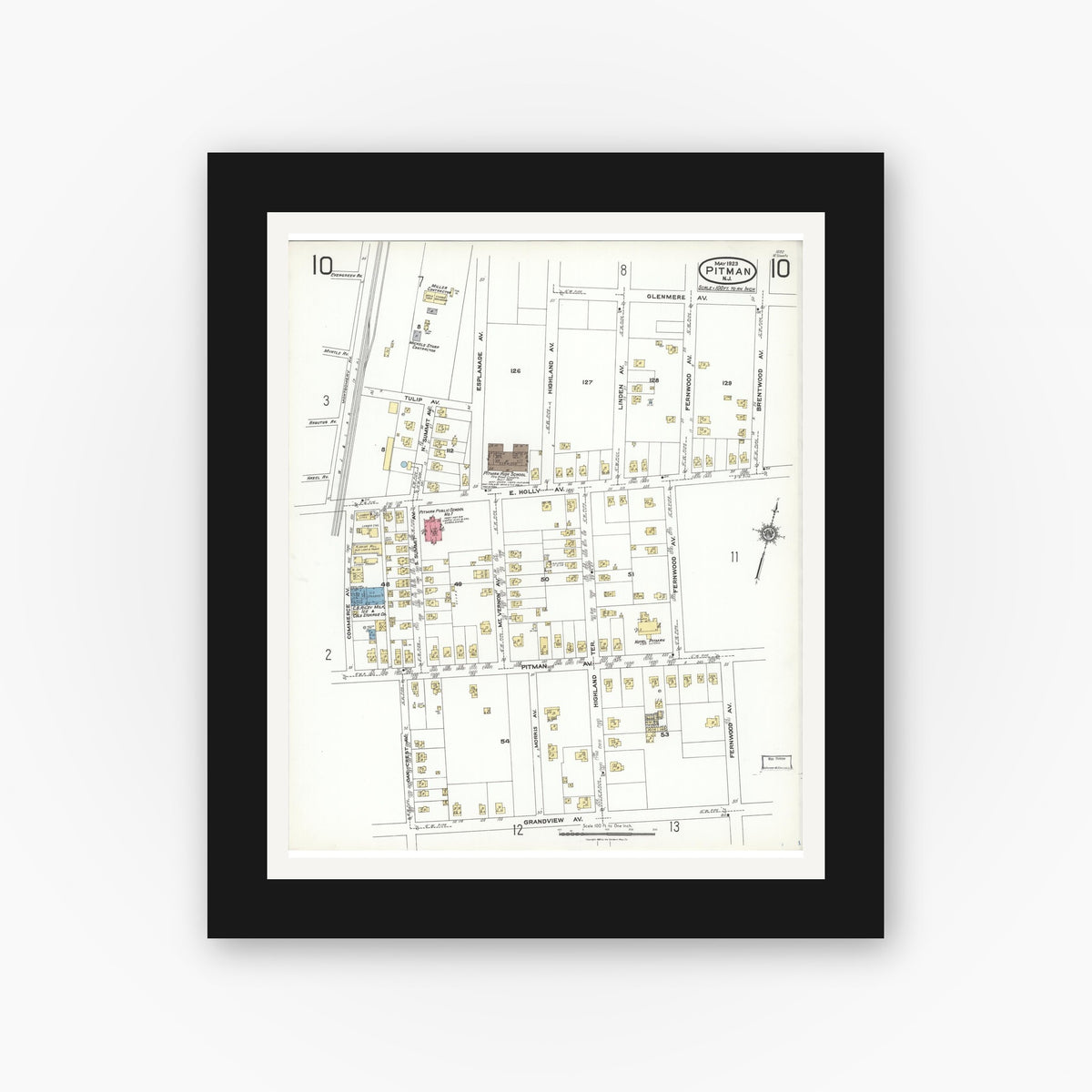 Old map wall art mockup — black gallery frame with white mat — Sanborn Fire Insurance Map from Pitman, Gloucester County, New Jersey (1923), Sheet #0010