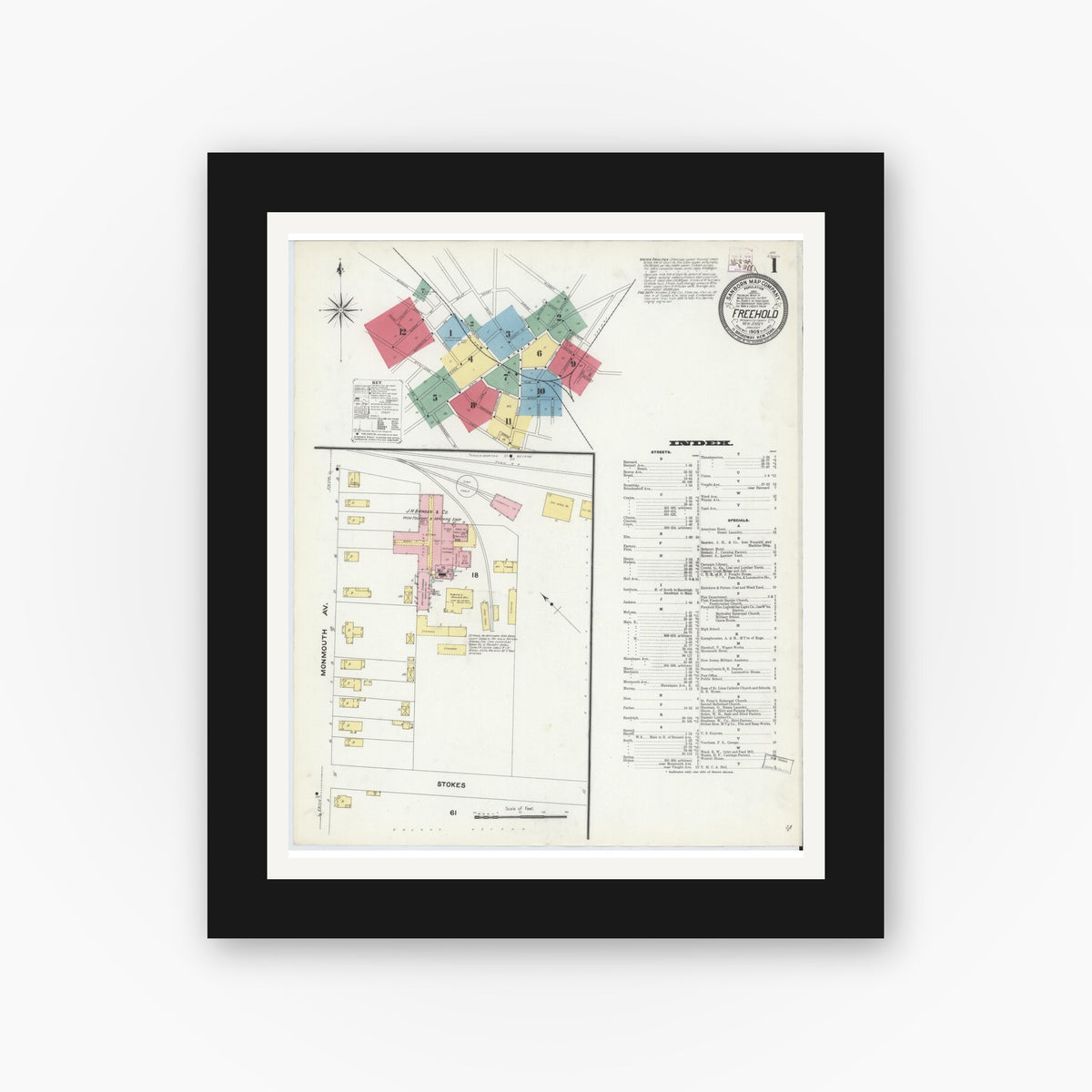 Old map wall art mockup — black gallery frame with white mat — Sanborn Fire Insurance Map from Freehold, Monmouth County, New Jersey (1909) - Complete Map Set