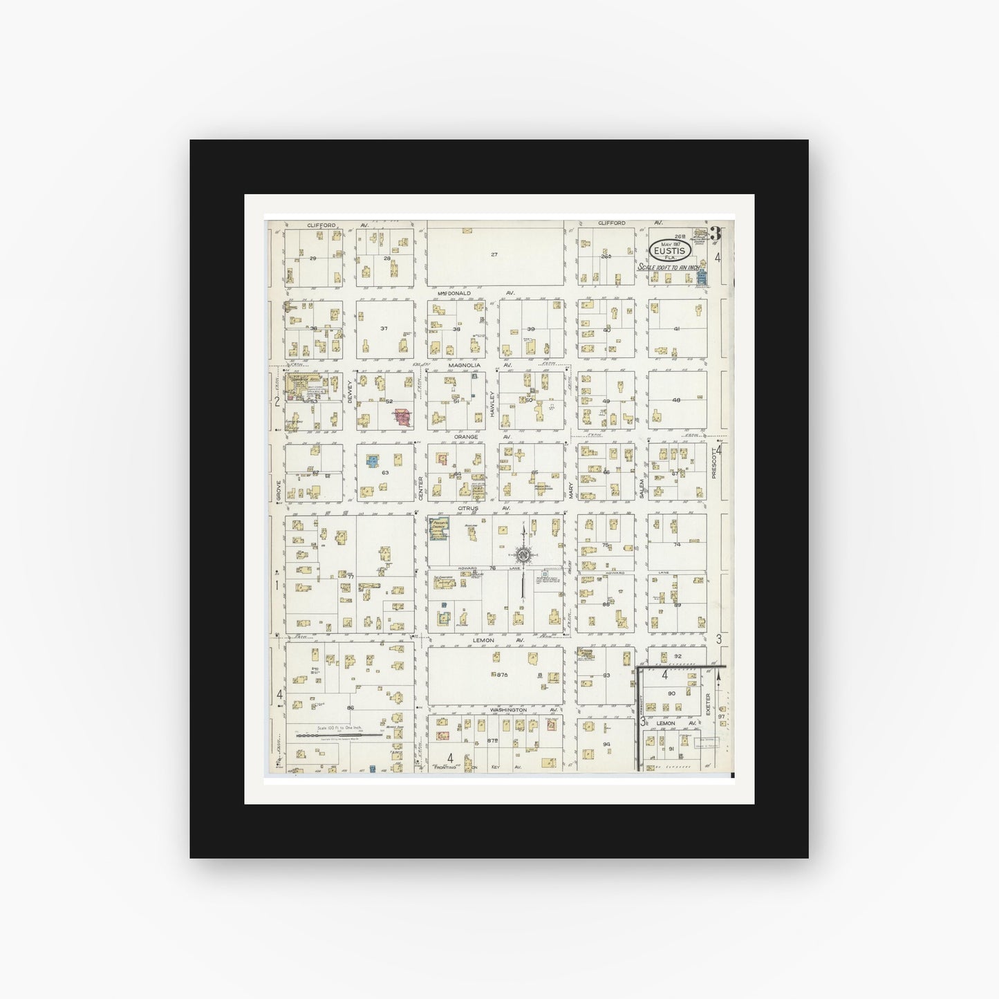 Old map wall art mockup — black gallery frame with white mat — Sanborn Fire Insurance Map from Eustis, Lake County, Florida (1917), Sheet #0003