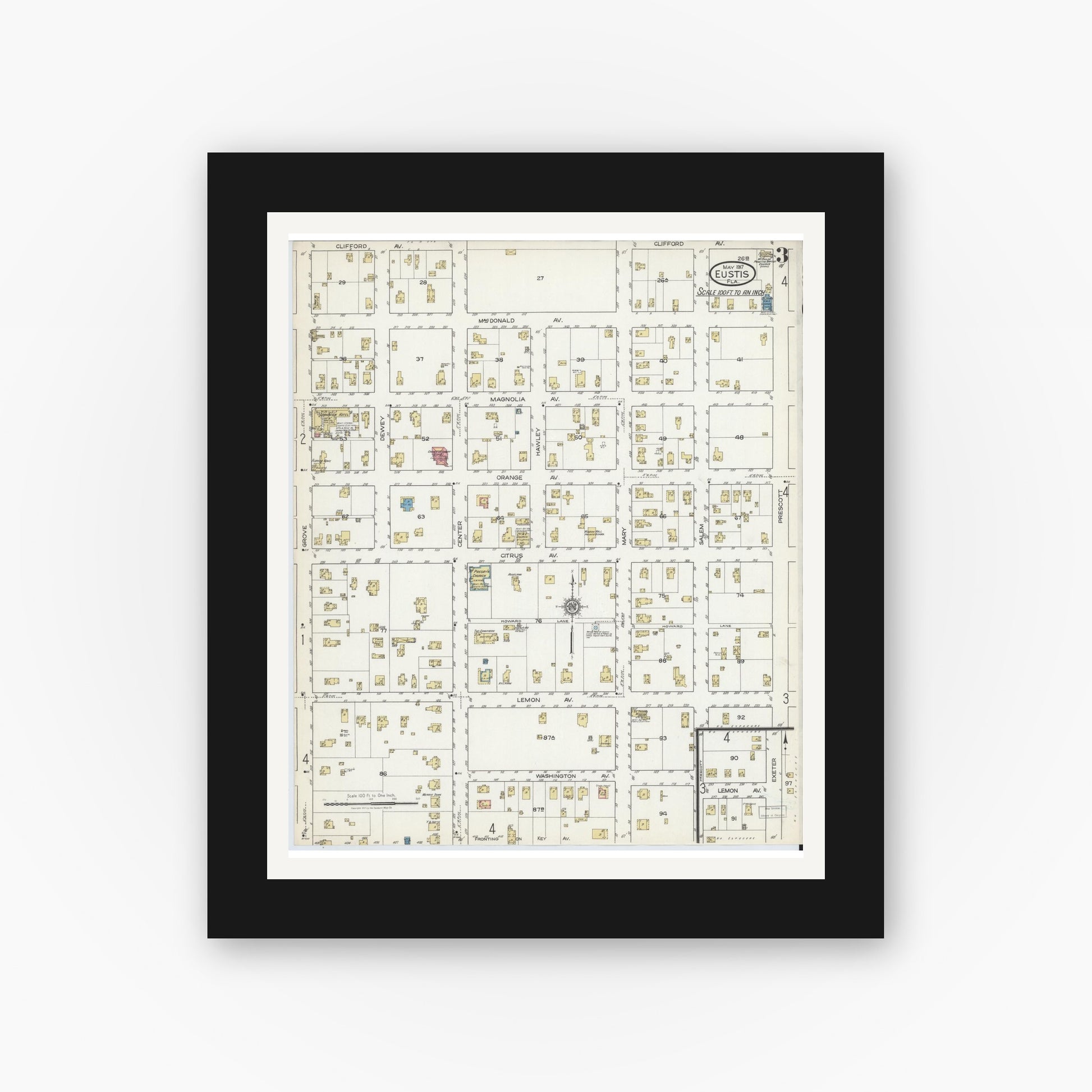 Old map wall art mockup — black gallery frame with white mat — Sanborn Fire Insurance Map from Eustis, Lake County, Florida (1917), Sheet #0003
