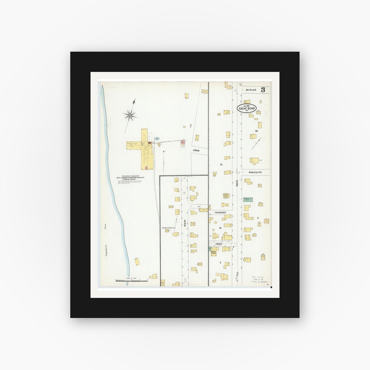 Old map wall art mockup — black gallery frame with white mat — Sanborn Fire Insurance Map from Great Bend, Susquehanna County, Pennsylvania (1904), Sheet #0003
