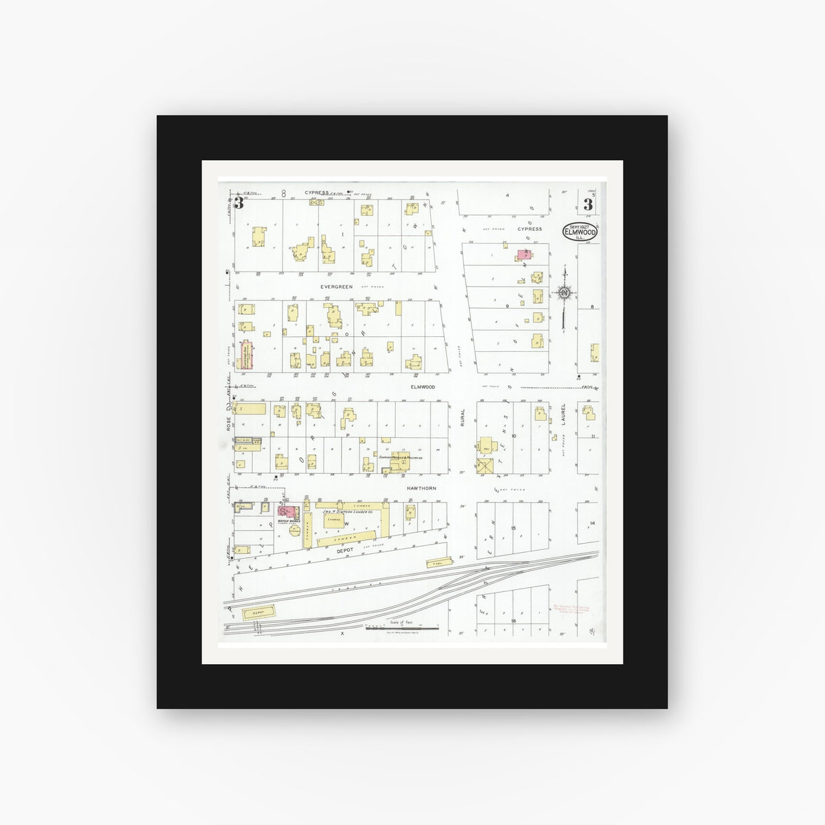Old map wall art mockup — black gallery frame with white mat — Sanborn Fire Insurance Map from Elmwood, Peoria County, Illinois (1927), Sheet #0003