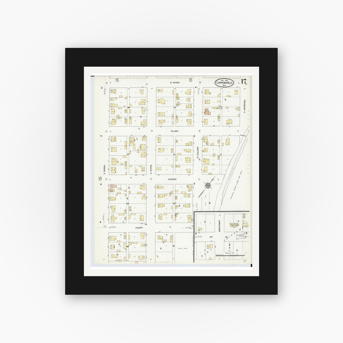 Old map wall art mockup — black gallery frame with white mat — Sanborn Fire Insurance Map from Chippewa Falls, Chippewa County, Wisconsin (1910), Sheet #0017