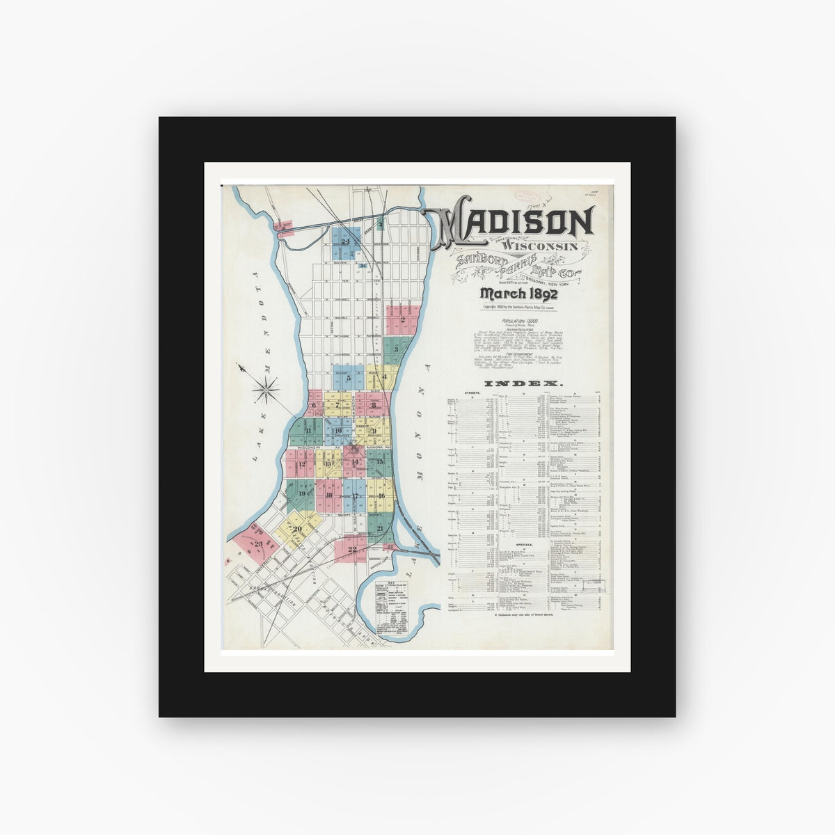 Old map wall art mockup — black gallery frame with white mat — Sanborn Fire Insurance Map from Madison, Dane County, Wisconsin (1892) - Complete Map Set