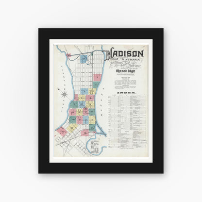Old map wall art mockup — black gallery frame with white mat — Sanborn Fire Insurance Map from Madison, Dane County, Wisconsin (1892) - Complete Map Set