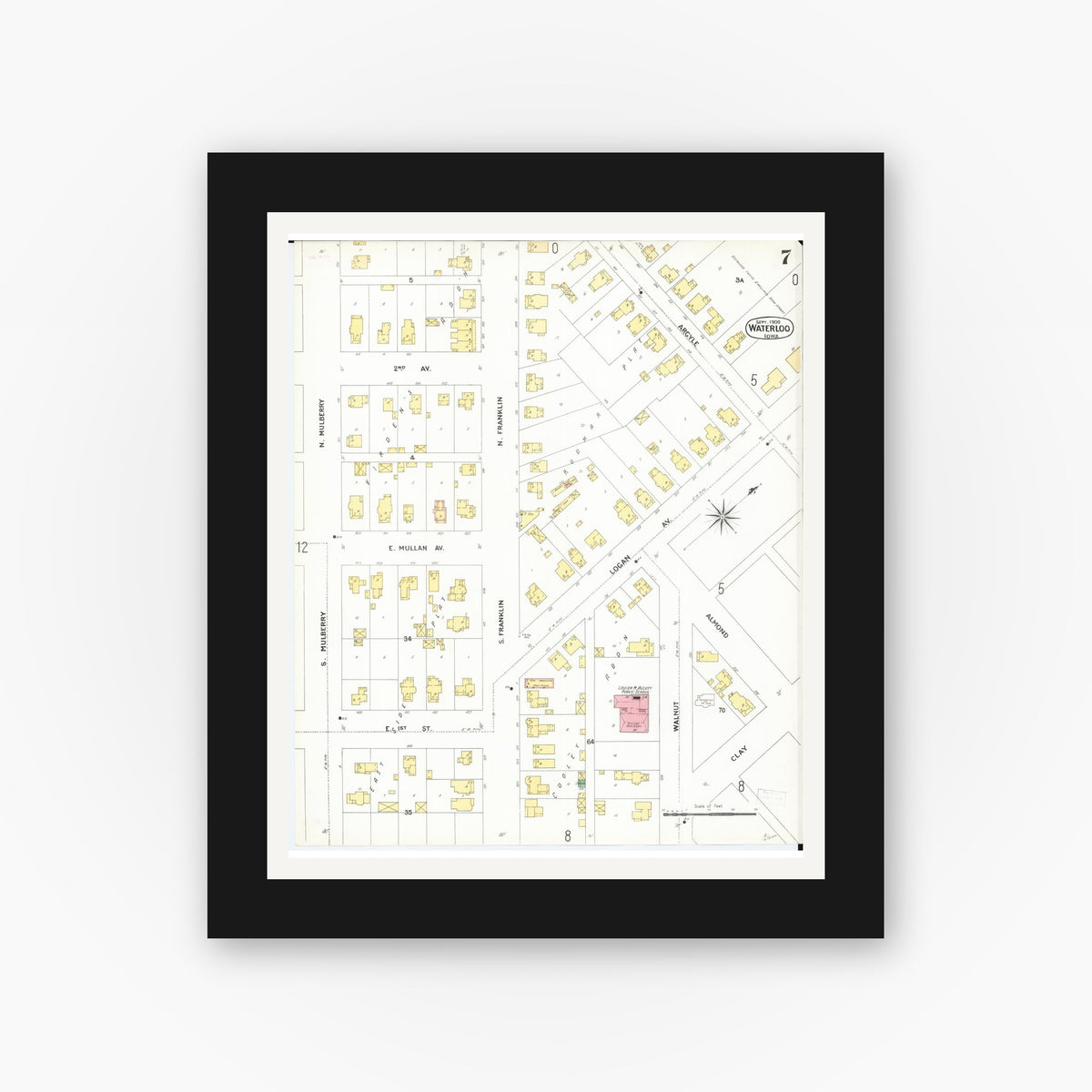 Old map wall art mockup — black gallery frame with white mat — Sanborn Fire Insurance Map from Waterloo, Black Hawk County, Iowa (1900), Sheet #0007