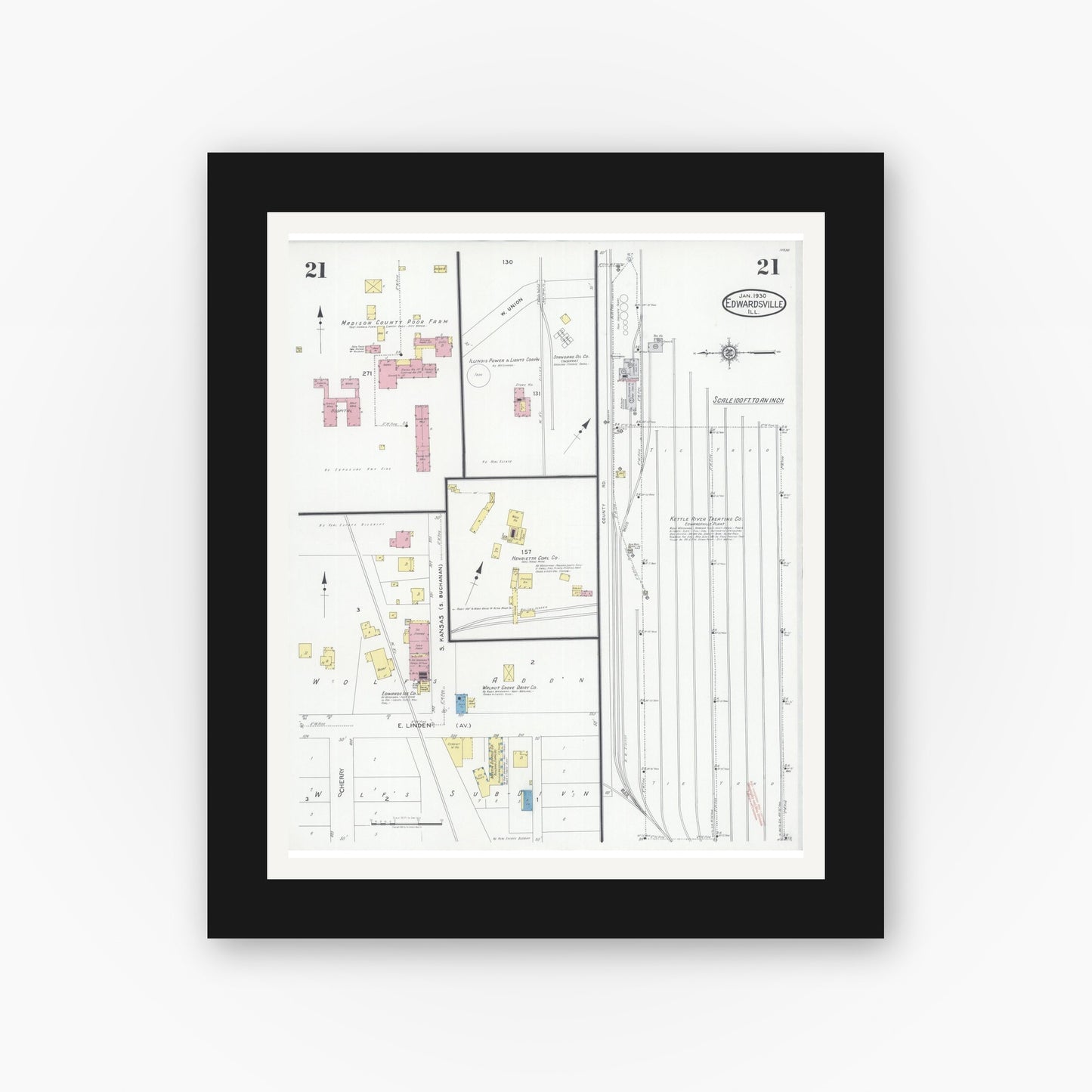 Old map wall art mockup — black gallery frame with white mat — Sanborn Fire Insurance Map from Edwardsville, Madison County, Illinois (1930), Sheet #0021