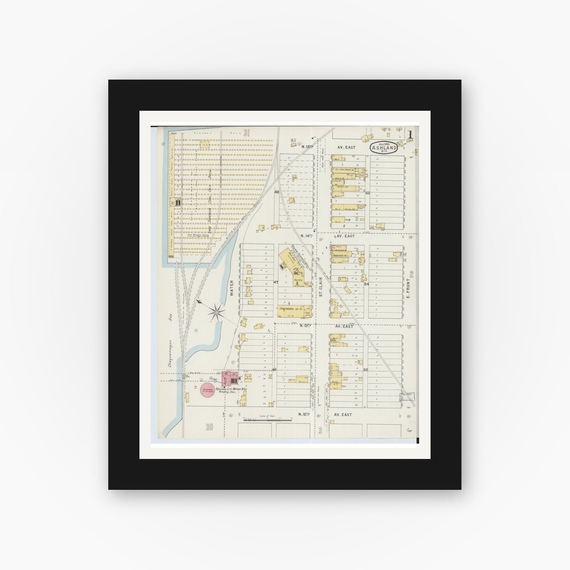 Old map wall art mockup — black gallery frame with white mat — Sanborn Fire Insurance Map from Ashland, Ashland County, Wisconsin (1895), Sheet #0001
