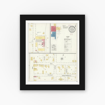 Old map wall art mockup — black gallery frame with white mat — Sanborn Fire Insurance Map from Clayton, Johnston County, North Carolina (1909) - Complete Map Set