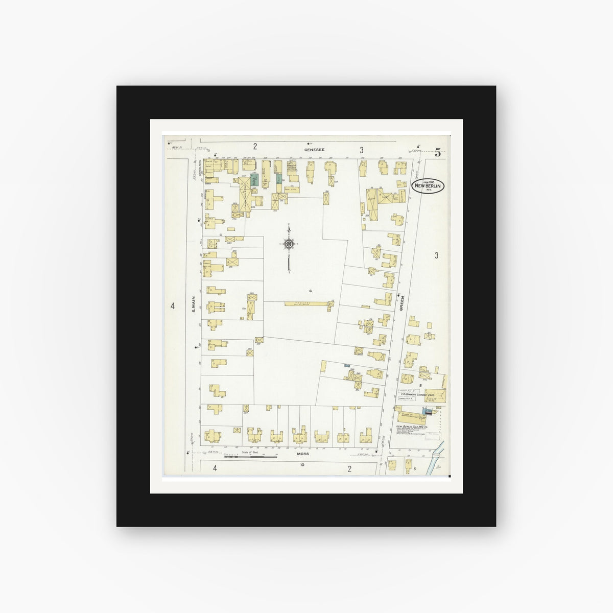 Old map wall art mockup — black gallery frame with white mat — Sanborn Fire Insurance Map from New Berlin, Chenango County, New York (1910), Sheet #0005