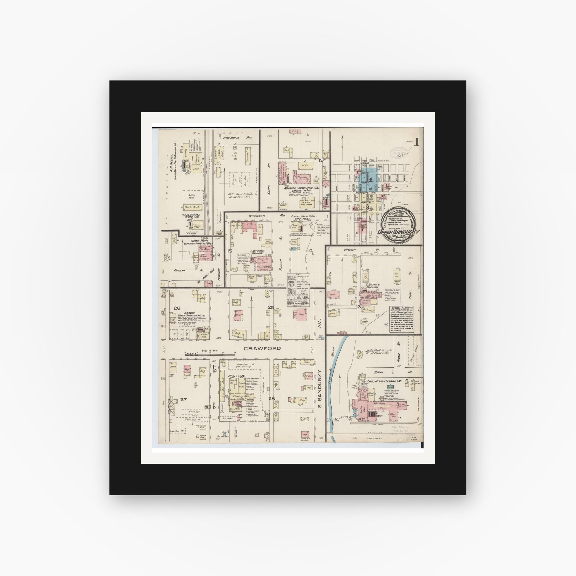 Old map wall art mockup — black gallery frame with white mat — Sanborn Fire Insurance Map from Upper Sandusky, Wyandot County, Ohio (1884), Sheet #0001