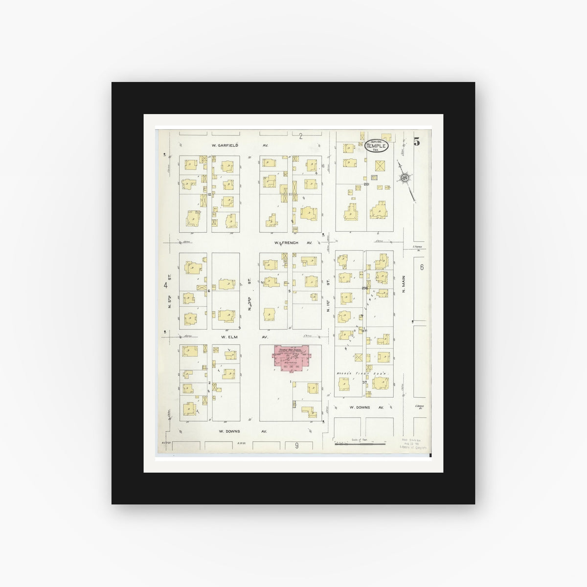 Old map wall art mockup — black gallery frame with white mat — Sanborn Fire Insurance Map from Temple, Bell County, Texas (1915), Sheet #0005