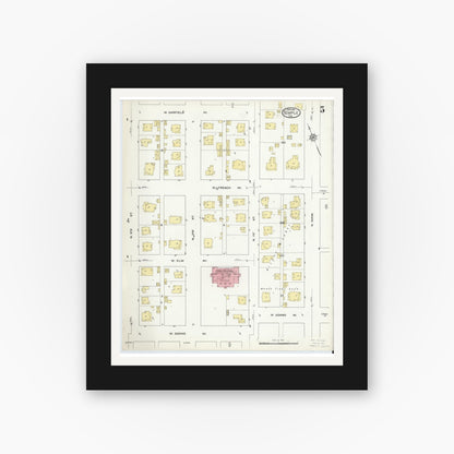 Old map wall art mockup — black gallery frame with white mat — Sanborn Fire Insurance Map from Temple, Bell County, Texas (1915), Sheet #0005
