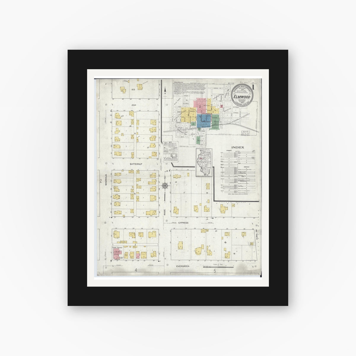 Old map wall art mockup — black gallery frame with white mat — Sanborn Fire Insurance Map from Elmwood, Peoria County, Illinois (1918), Sheet #0001