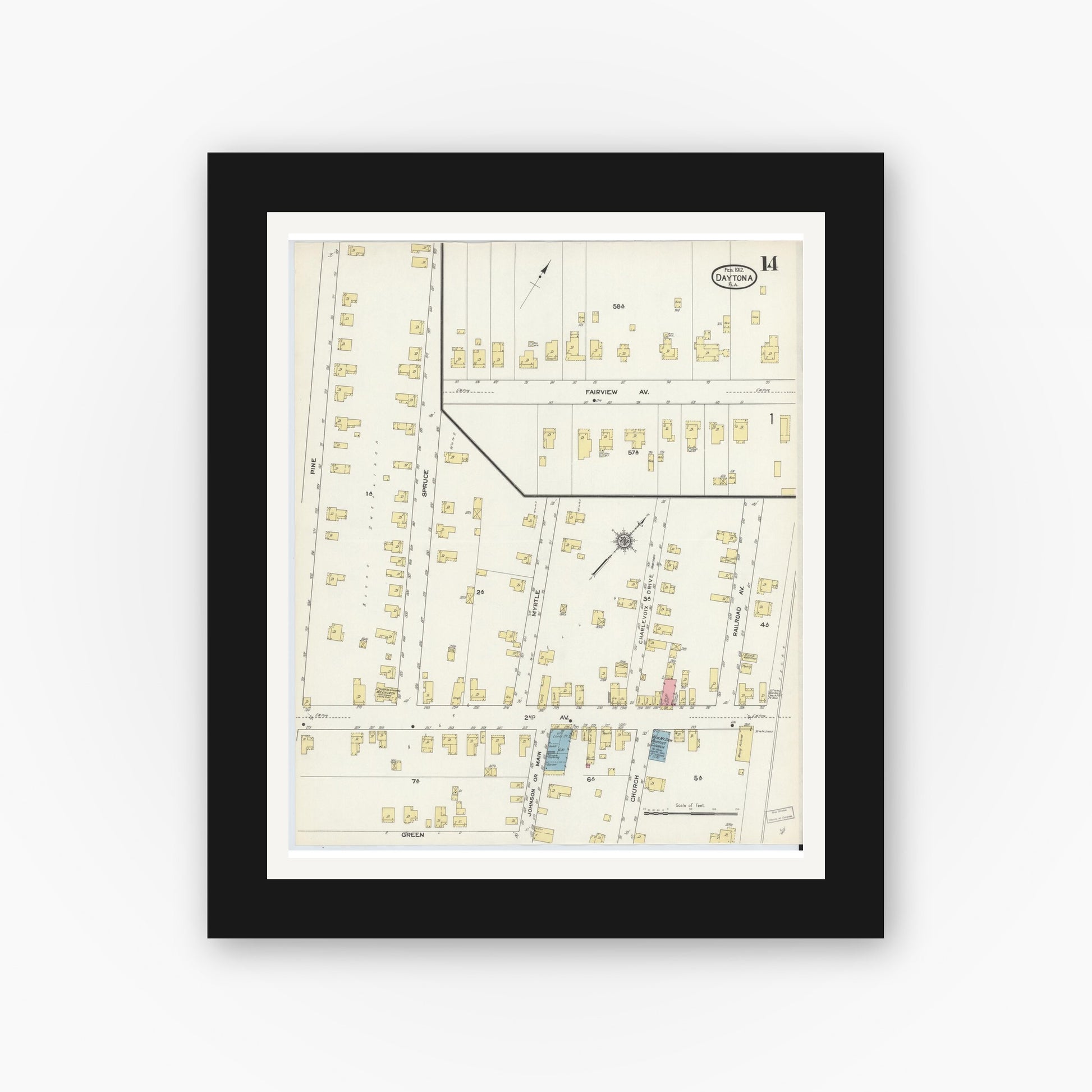 Old map wall art mockup — black gallery frame with white mat — Sanborn Fire Insurance Map from Daytona, Volusia County, Florida (1912), Sheet #0014