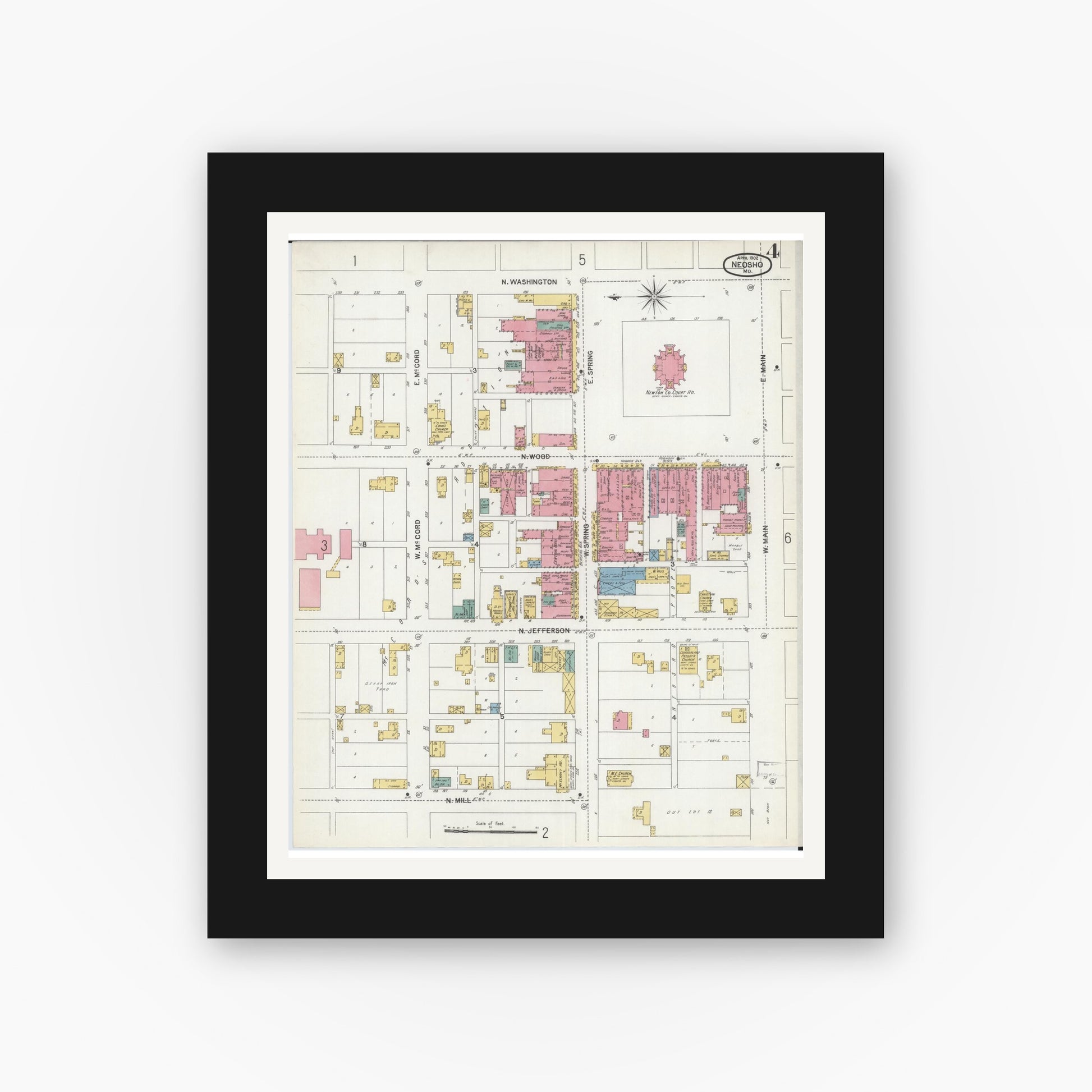 Old map wall art mockup — black gallery frame with white mat — Sanborn Fire Insurance Map from Neosho, Newton County, Missouri (1902), Sheet #0004