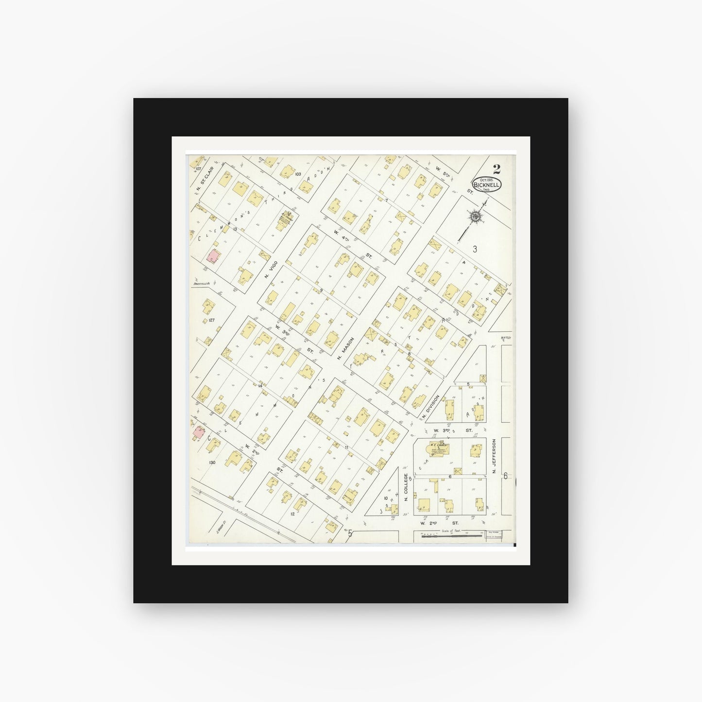 Old map wall art mockup — black gallery frame with white mat — Sanborn Fire Insurance Map from Bicknell, Knox County, Indiana (1915), Sheet #0002