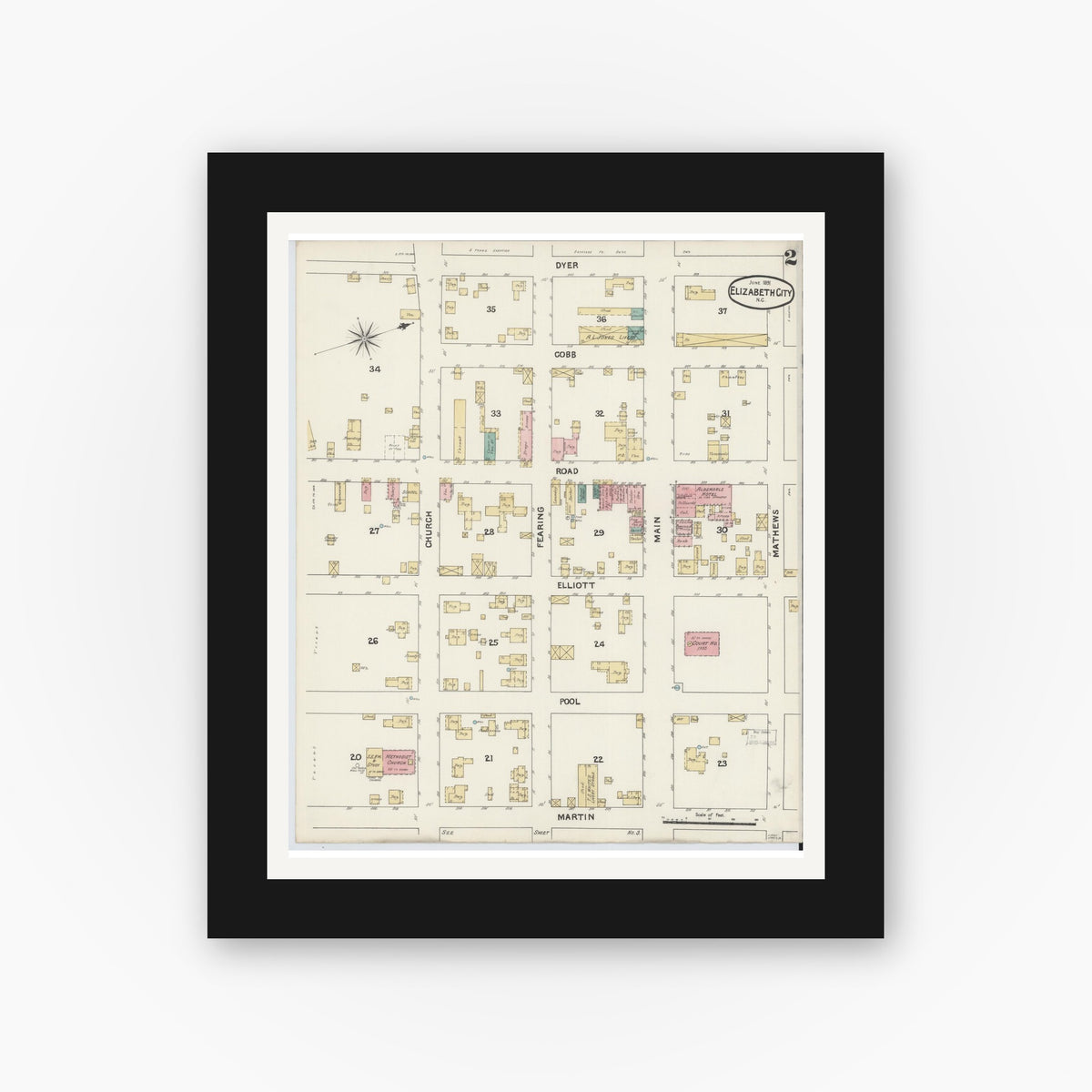 Old map wall art mockup — black gallery frame with white mat — Sanborn Fire Insurance Map from Elizabeth City, Pasquotank County, North Carolina (1891), Sheet #0002
