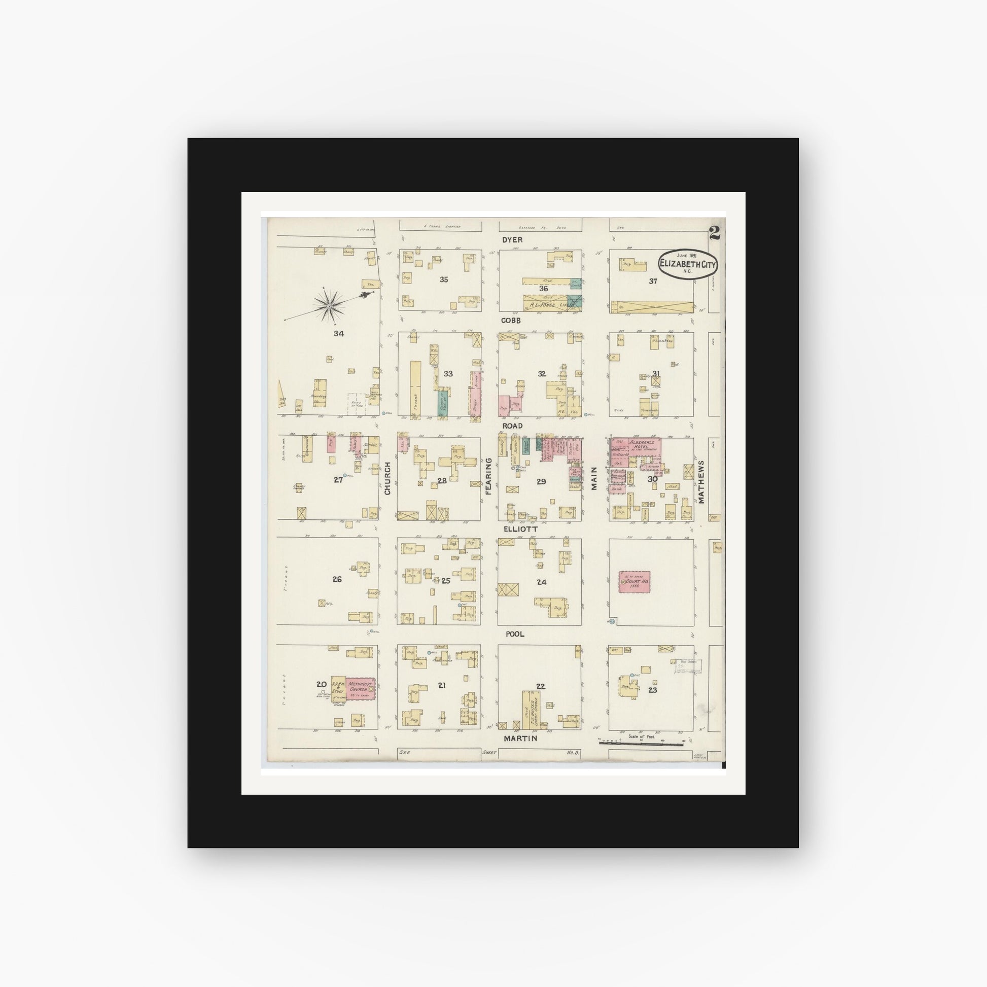 Old map wall art mockup — black gallery frame with white mat — Sanborn Fire Insurance Map from Elizabeth City, Pasquotank County, North Carolina (1891), Sheet #0002