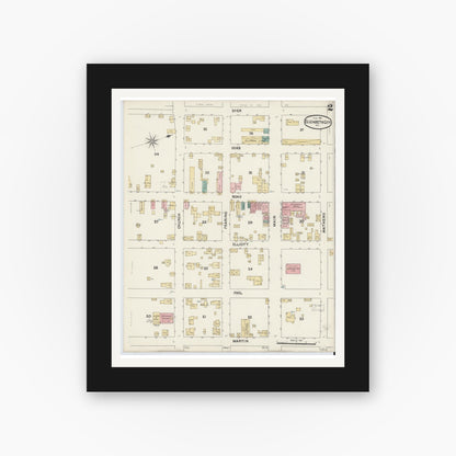 Old map wall art mockup — black gallery frame with white mat — Sanborn Fire Insurance Map from Elizabeth City, Pasquotank County, North Carolina (1891), Sheet #0002
