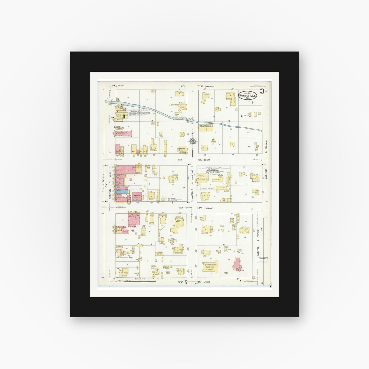 Old map wall art mockup — black gallery frame with white mat — Sanborn Fire Insurance Map from Huntsville, Walker County, Texas (1912), Sheet #0003