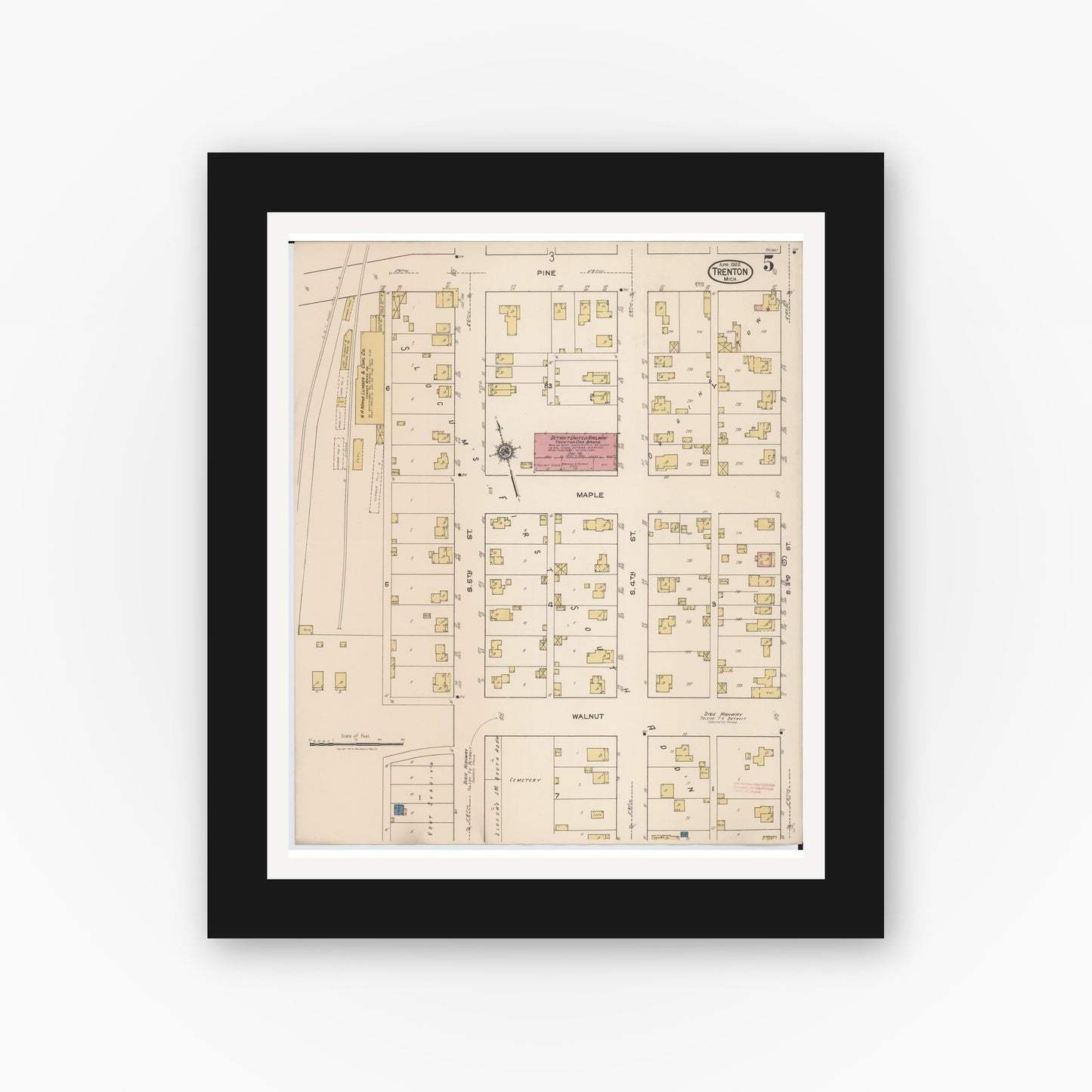 Old map wall art mockup — black gallery frame with white mat — Sanborn Fire Insurance Map from Trenton, Wayne County, Michigan (1922), Sheet #0005