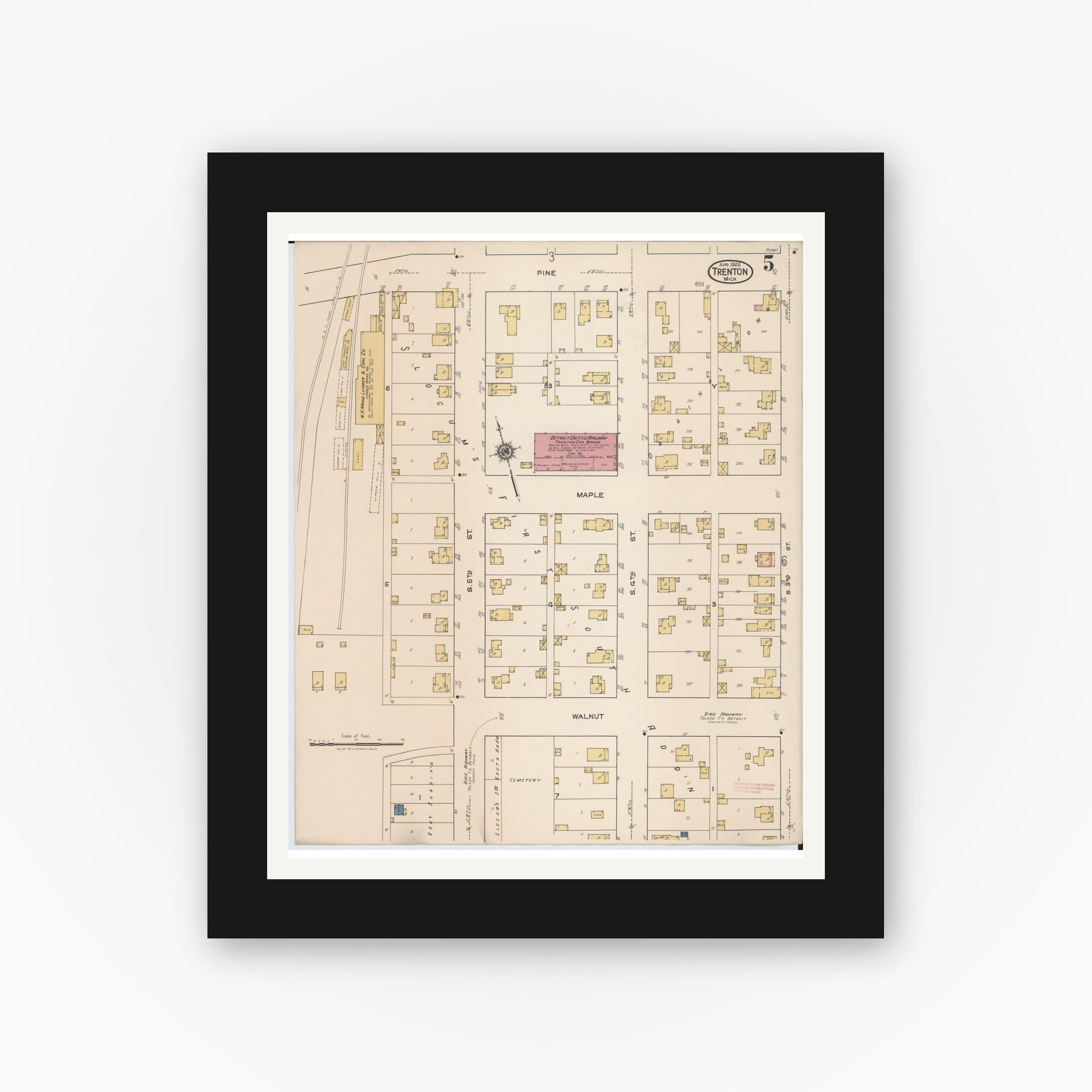 Old map wall art mockup — black gallery frame with white mat — Sanborn Fire Insurance Map from Trenton, Wayne County, Michigan (1922), Sheet #0005