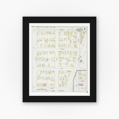 Old map wall art mockup — black gallery frame with white mat — Sanborn Fire Insurance Map from Wyandotte, Wayne County, Michigan (1895), Sheet #0008