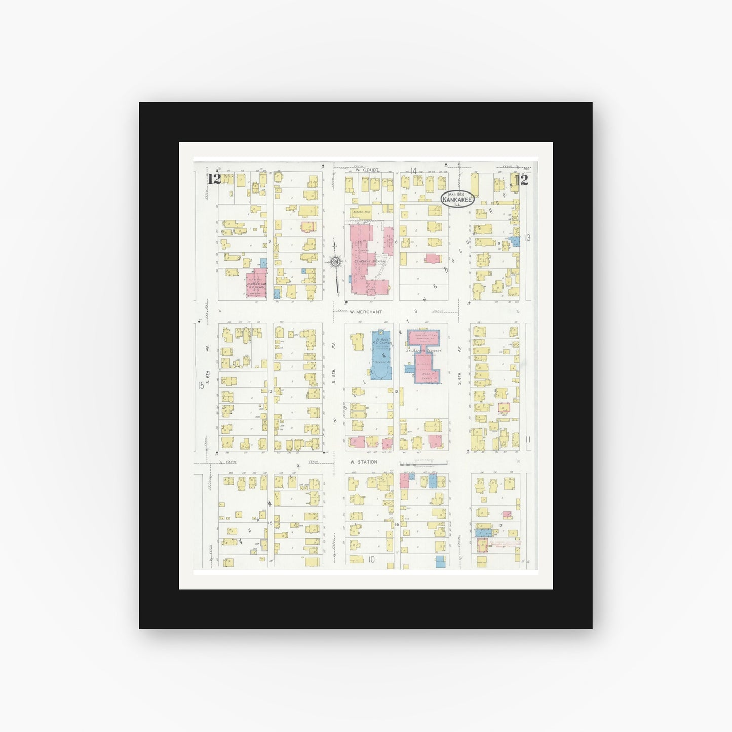 Old map wall art mockup — black gallery frame with white mat — Sanborn Fire Insurance Map from Kankakee, Kankakee County, Illinois (1930), Sheet #0012