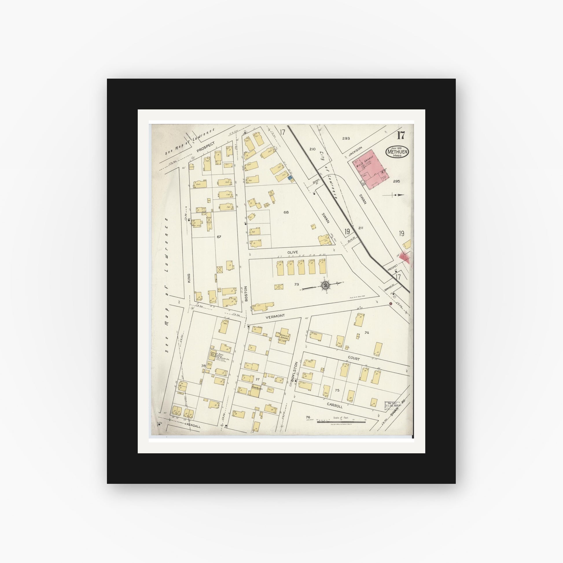 Old map wall art mockup — black gallery frame with white mat — Sanborn Fire Insurance Map from Methuen, Essex County, Massachusetts (1919), Sheet #0017