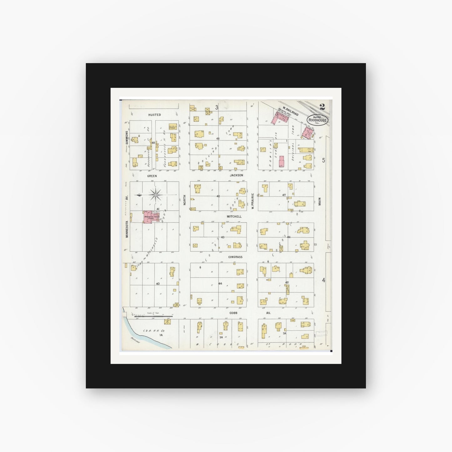 Old map wall art mockup — black gallery frame with white mat — Sanborn Fire Insurance Map from Roodhouse, Greene County, Illinois (1900), Sheet #0002