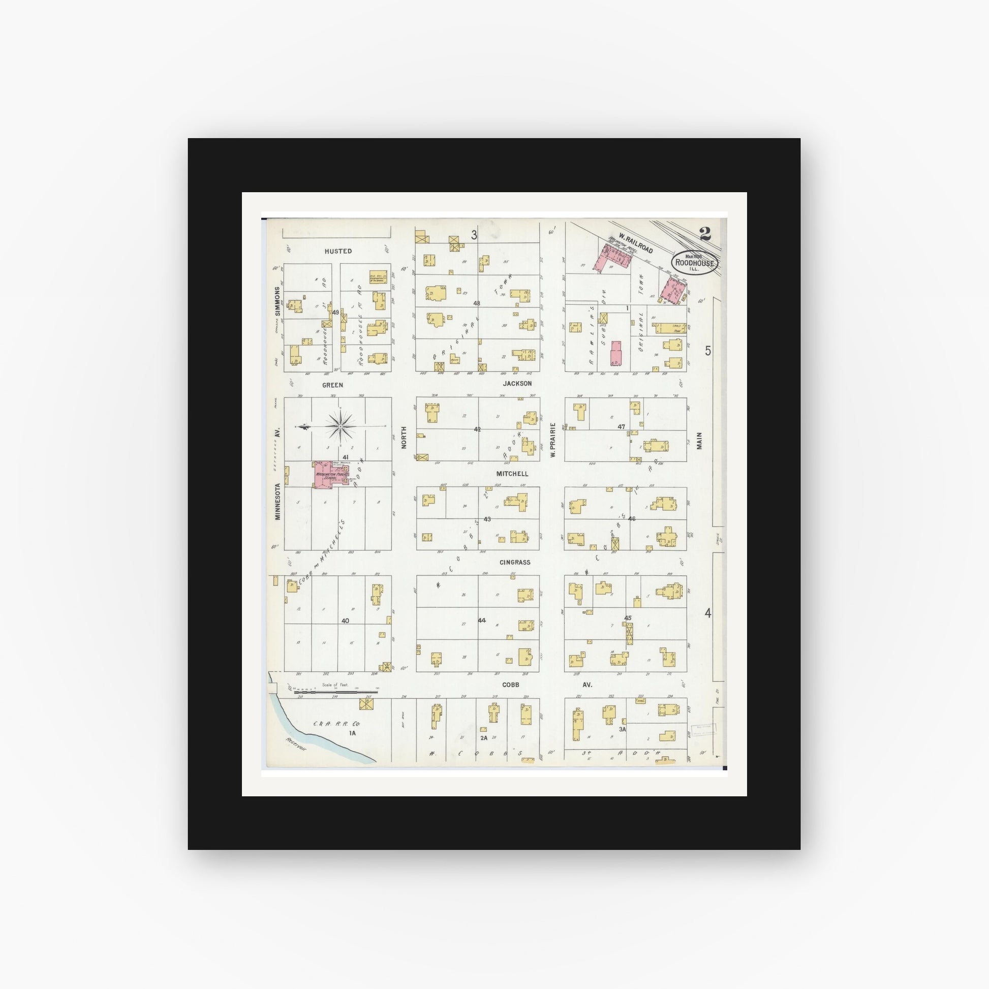 Old map wall art mockup — black gallery frame with white mat — Sanborn Fire Insurance Map from Roodhouse, Greene County, Illinois (1900), Sheet #0002
