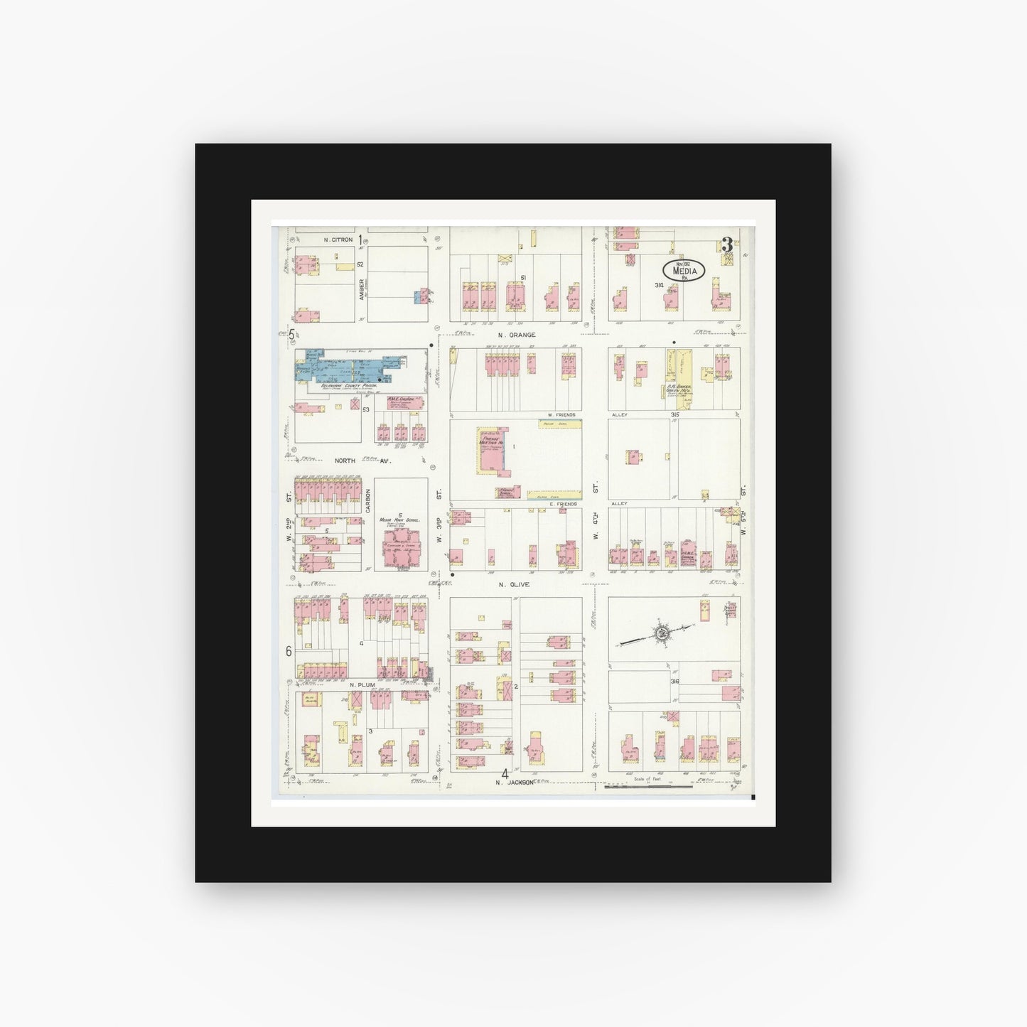 Old map wall art mockup — black gallery frame with white mat — Sanborn Fire Insurance Map from Media, Delaware County, Pennsylvania (1912), Sheet #0003