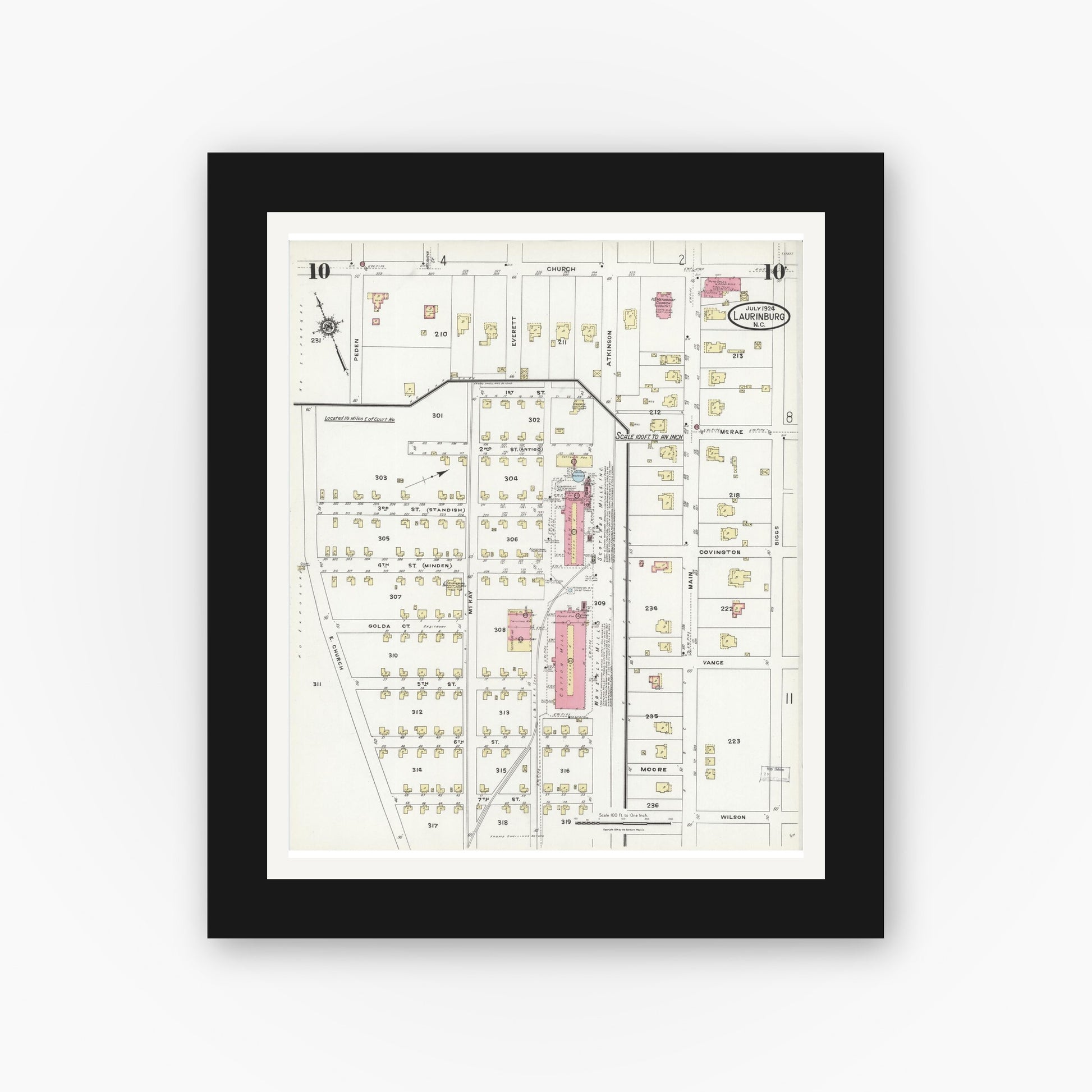 Old map wall art mockup — black gallery frame with white mat — Sanborn Fire Insurance Map from Laurinburg, Scotland County, North Carolina (1924), Sheet #0010