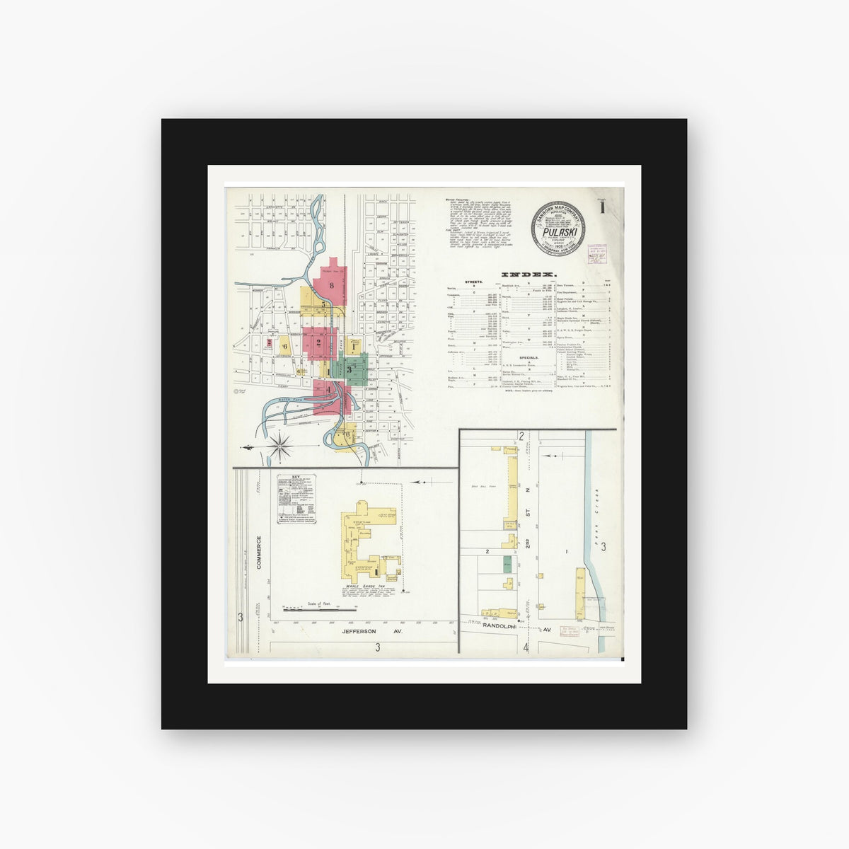 Old map wall art mockup — black gallery frame with white mat — Sanborn Fire Insurance Map from Pulaski, Pulaski County, Virginia (1908), Sheet #0001