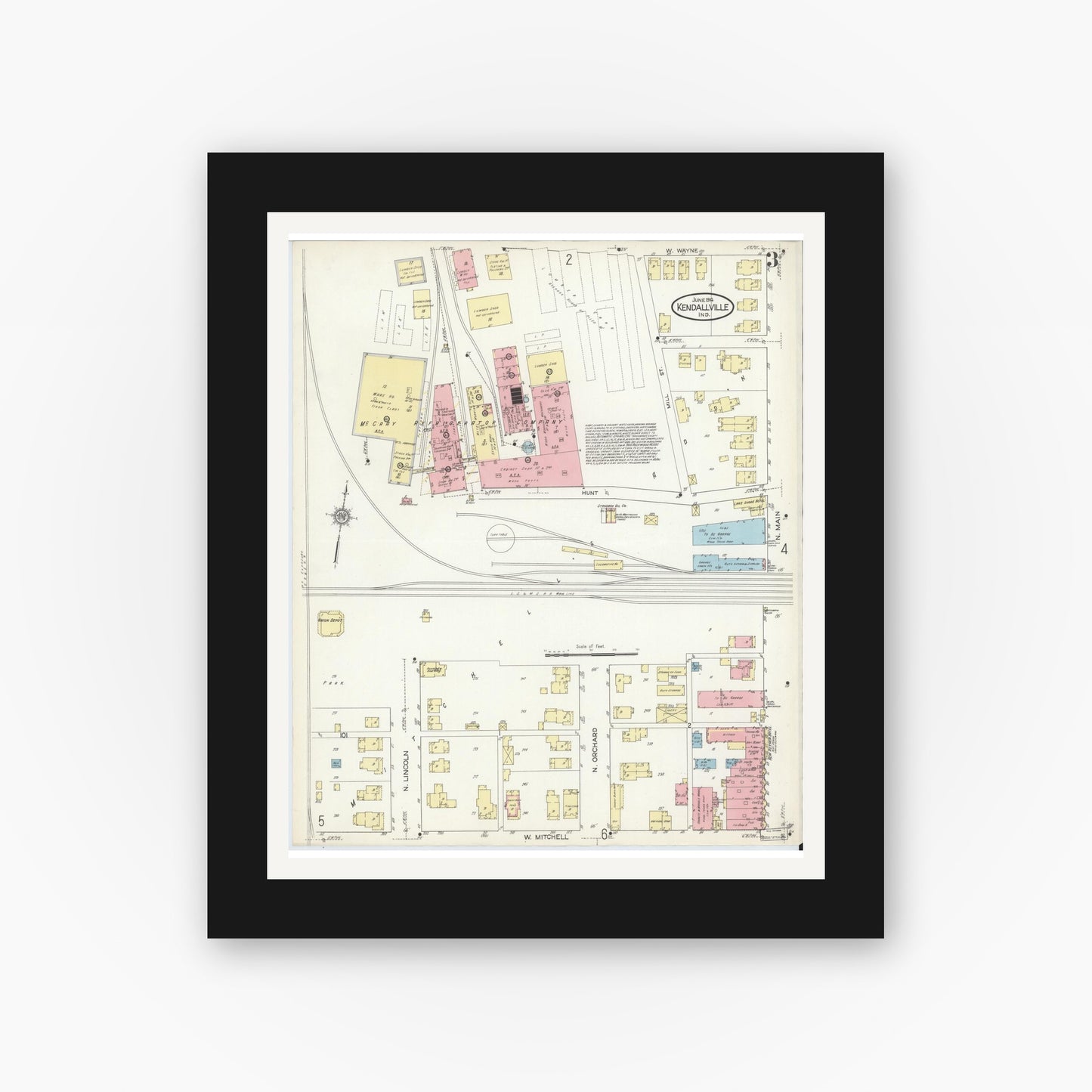 Old map wall art mockup — black gallery frame with white mat — Sanborn Fire Insurance Map from Kendallville, Noble County, Indiana (1914), Sheet #0003