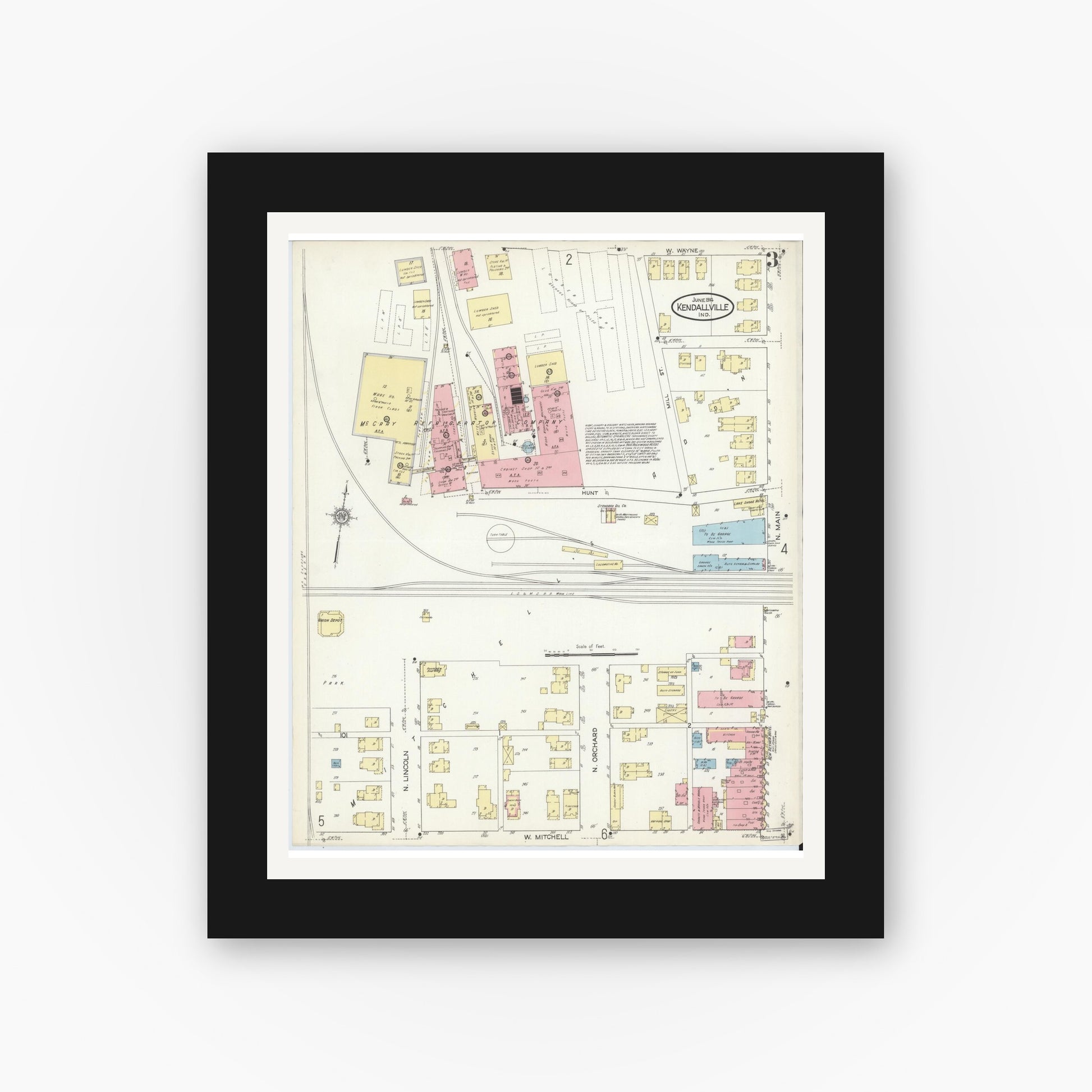 Old map wall art mockup — black gallery frame with white mat — Sanborn Fire Insurance Map from Kendallville, Noble County, Indiana (1914), Sheet #0003