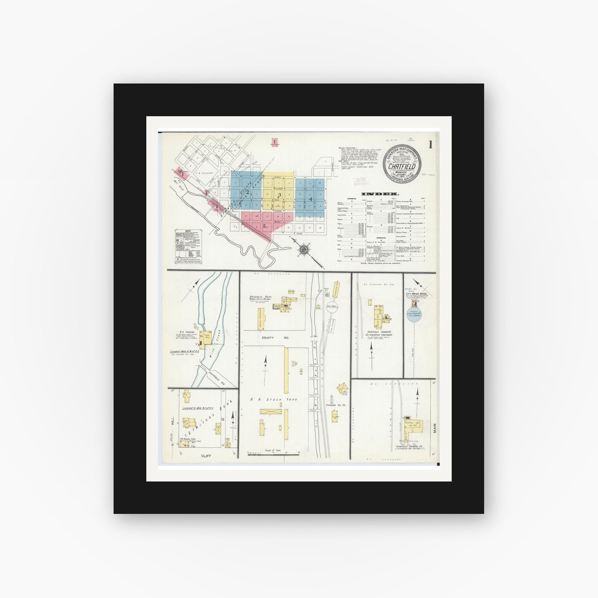 Old map wall art mockup — black gallery frame with white mat — Sanborn Fire Insurance Map from Chatfield, Fillmore And Olmsted Counties, Minnesota (1910) - Complete Map Set