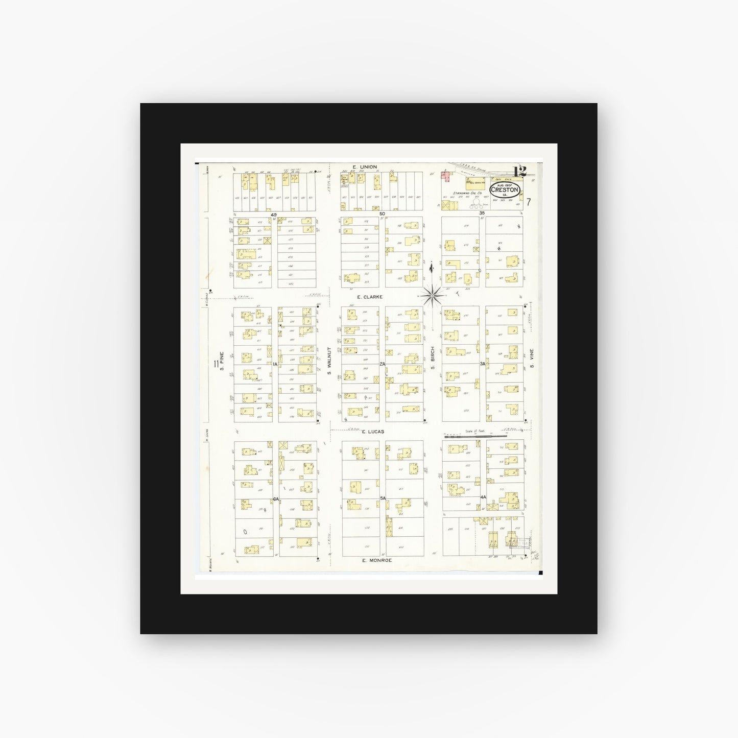 Old map wall art mockup — black gallery frame with white mat — Sanborn Fire Insurance Map from Creston, Union County, Iowa (1907), Sheet #0012