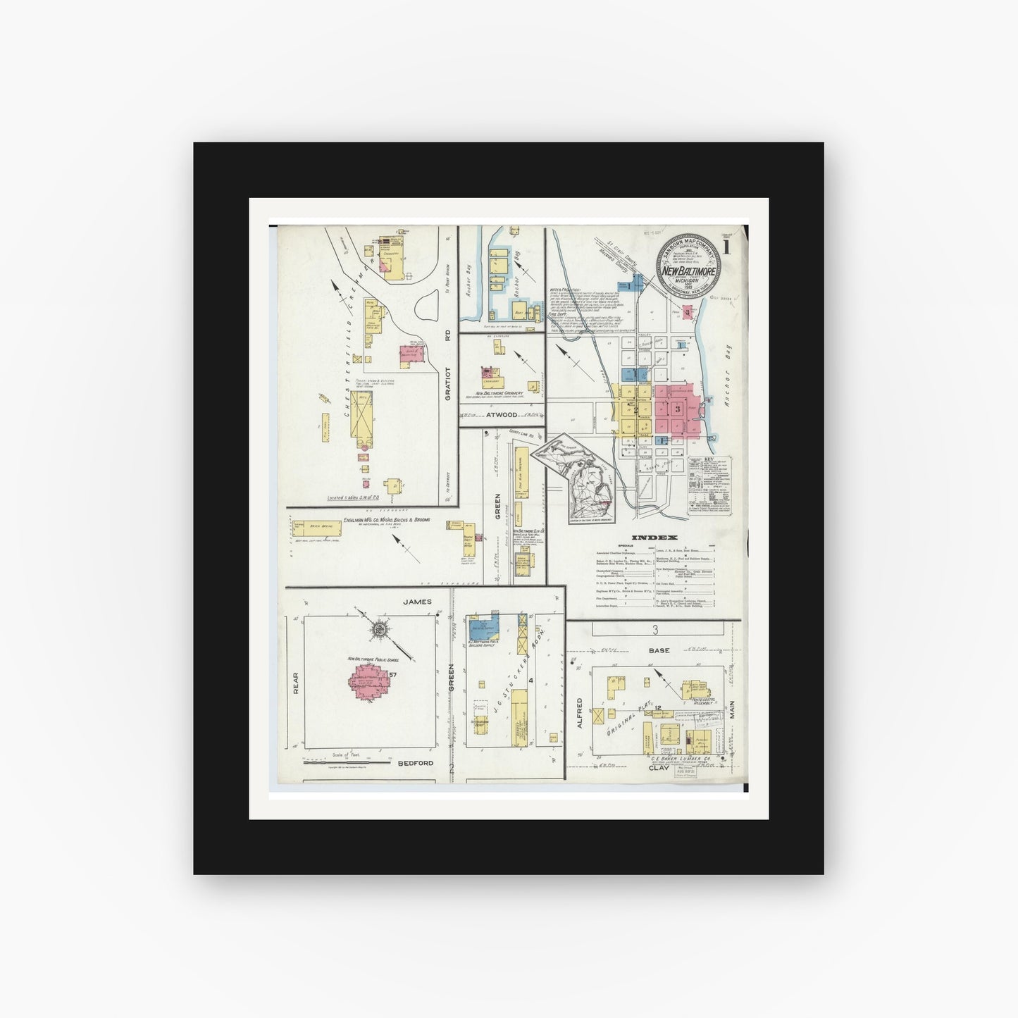 Old map wall art mockup — black gallery frame with white mat — Sanborn Fire Insurance Map from New Baltimore, Macomb County, Michigan (1921) - Complete Map Set