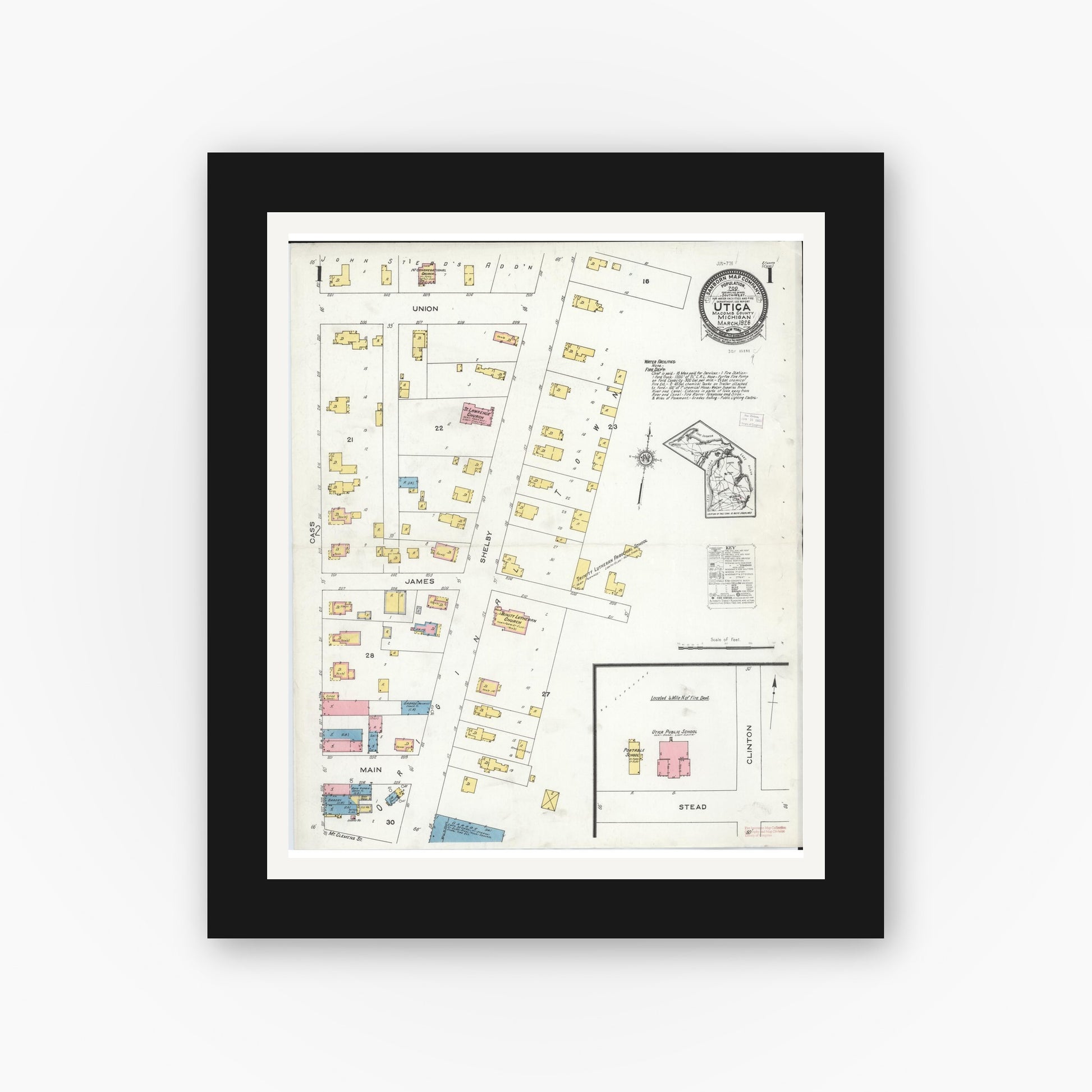Old map wall art mockup — black gallery frame with white mat — Sanborn Fire Insurance Map from Utica, Macomb County, Michigan (1926) - Complete Map Set