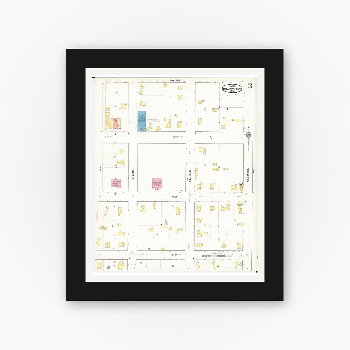Old map wall art mockup — black gallery frame with white mat — Sanborn Fire Insurance Map from Williamsburg, Iowa County, Iowa (1916), Sheet #0003