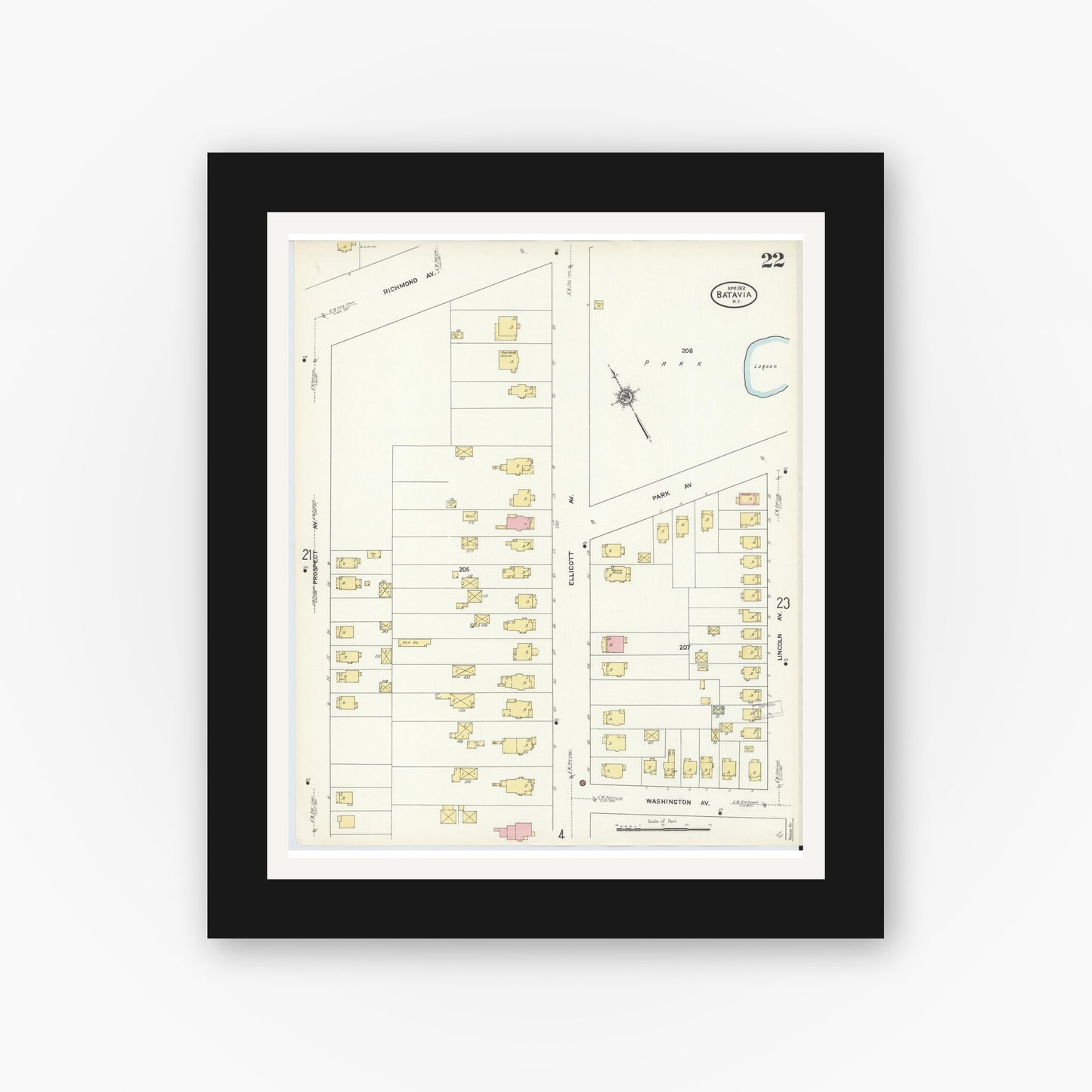 Old map wall art mockup — black gallery frame with white mat — Sanborn Fire Insurance Map from Batavia, Genesee County, New York (1912), Sheet #0022